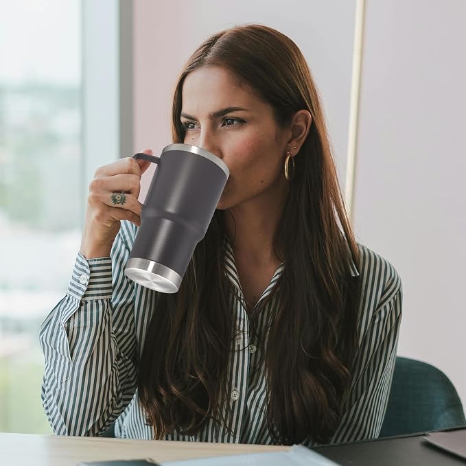 20 oz Tumbler with Handle Coffee Tumblers with Lid Travel Mug Grey 12P | 20oz Tumblers with Handle Double-Wall Insulated Vacuum Coffee Mugs Stainless Steel Tumbler with Handles&Lid Grey 12P