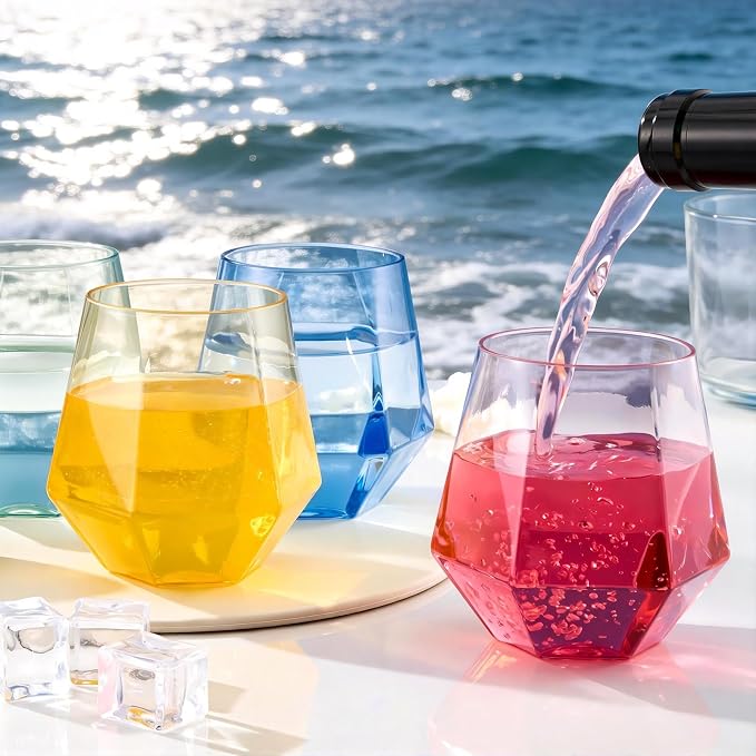Goodluck 40PCS 12oz Diamond Stemless Plastic Wine Whiskey Glass,Multi-color | Disposable Cocktail Glasses, Suitable for Weddings, Birthday Parties, Family Gatherings, Bars, etc