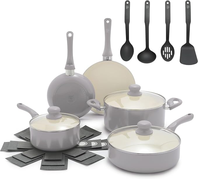 GreenLife 16pc Ceramic Nonstick Pots & Pans Cookware Set, Light Gray | PFAS-Free Nonstick Coating, Stockpot, Frying Pans, Saucepan, Sauté, Induction Ready, All Stovetop Compatible, Dishwasher Safe