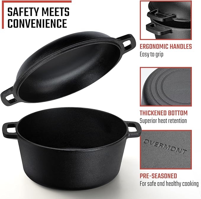 Overmont 7QT Double Dutch Oven - 2-in-1 Pre-Seasoned Cast Iron Pot & Recipe | Skillet Lid Doubles as Frying Pan, Heavy Duty Cast Iron Pot with Handle Covers, for Sourdough Baking Frying Outdoor Camping