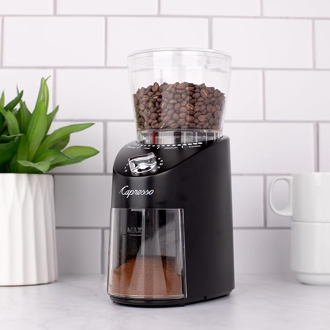 Capresso Infinity Plus Conical Burr Grinder, Black | Commercial-grade steel burrs, 16 settings, low-speed gear motor