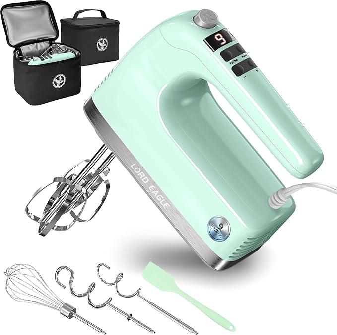 Lord Eagle 9-Speed Digital Hand Mixer Electric Handheld, 500W DC Motor | Kitchen Mixer for Cake Baking, Lightweight Egg Beaters with Stain-resistant & Waterproof Storage Bag & 6 Accessories, Green