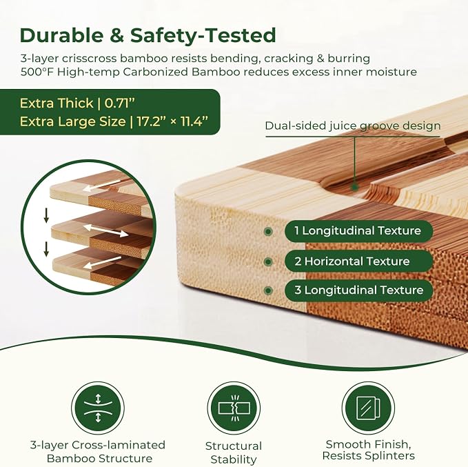 Pure Titanium Cutting Board, Bamboo Cutting Boards Set for Kitchen | 3PCS Chopping Boards for Kitchen, Large Metal Wood Cutting Board, Non Slip, Juice Grooves, Knife-Friendly, Dishwasher Safe
