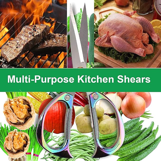 Multi-Purpose Kitchen Shears Scissors, Heavy Duty Stainless Steel Kitchen Scissors for Food with Strong Straight Edge Snips Colorful Handle (Iridescent Color)