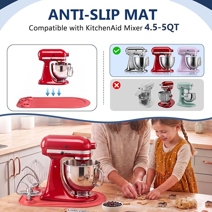 Upgraded Mixer Slider Mat for KitchenAid 4.5-5 Qt Tilt-Head Stand Mixer | Silicone Countertop Mover with 3 Attachment Storage Slots, Non-Slip Mixer Pad Organizer for Dough Hook Whisk Flat Beater, Red