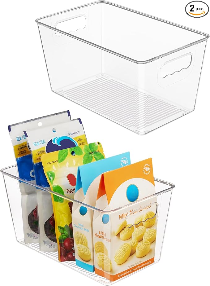Vtopmart 2 Pack Clear Storage Bins, Pantry Cabinet Organizer Bins, Medium | Plastic Pantry Storage Bins with Handle, Storage Containers for Fridge, Cabinet, Kitchen, Countertops, Cupboard, Freezer