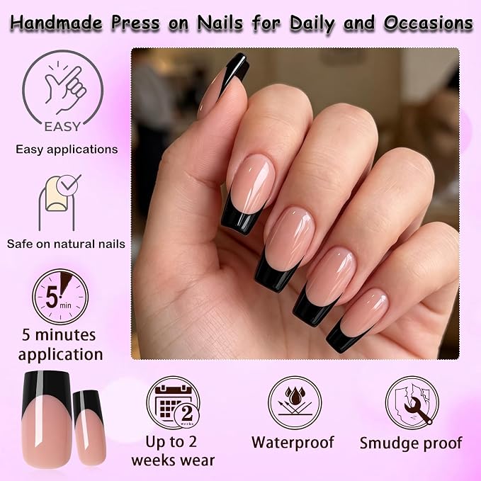 240pc Black French Tip Press on Nails Medium Square Acrylic Nail, Coffee Press ons Fake Nails with Glue & Tabs, 12 Sizes Glue on Nails Medium Press-on Nail Square Stick on Nail for Women Manicure