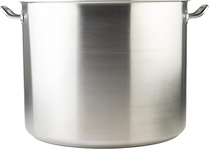 Winco Silver 80 qt Stainless Steel Stock Pot with Cover | Dishwasher safe, Heavy-duty, Tri-ply heating, Riveted handles, Great for Stocks, Soups, Pasta and Batch Cooking