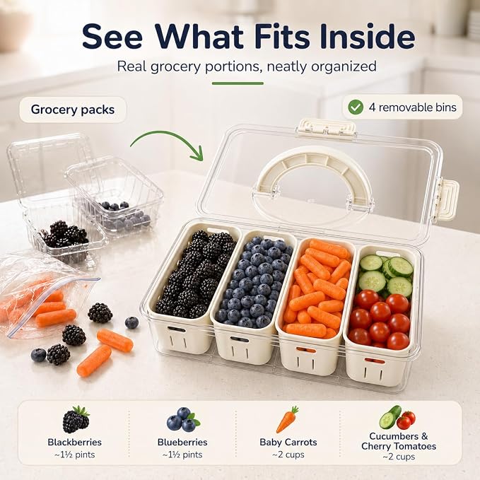 [Hand Wash Only] Salad Bar Containers for Fridge, Veggie Containers for Refrigerator, Salad Prep Containers for Fridge, Veggie Tray with Lid, Storage & Organizer for Fruit, Berry, Produce Keeper