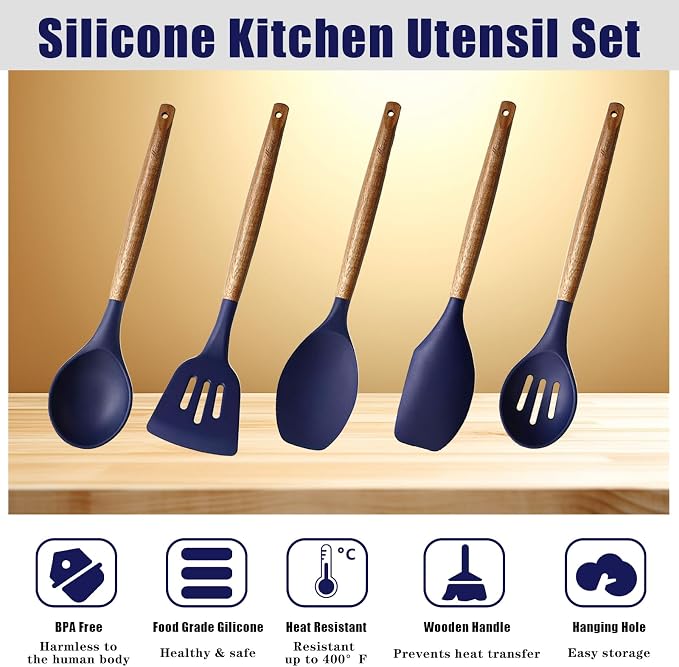 Non-Stick Silicone Kitchen Utensils Set with Natural Acacia Hard Wood Handle, 5 Piece, Midnight Blue, BPA Free, Baking & Serving Silicone Cooking Utensils