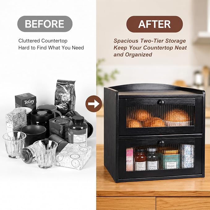 Large Wooden Bread Box for Kitchen Countertop, 2-Tier, Black | Clear Acrylic Window Spacious Bread Storage Farmhouse Style Pantry Organization For Homemade Bread and Bagels