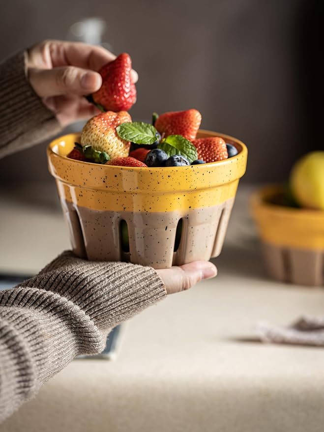 Gomakren Ceramic Berry Bowl Set of 2 Harvest Fruit Basket, Yellow + Brown | Drain Holes Keep Berries Fresh, Stackable, Wash & Serve | 5.8In Round Strawberry Grape Cherry Basket, Farmhouse Kitchen Decor