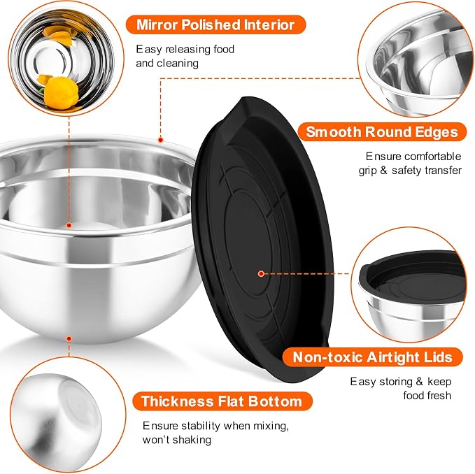 TeamFar Mixing Bowls with Lids, 5PCS Stainless Steel Metal Salad Bowl | with lids & 3 Grater Attachments, for Cooking/Prepping/Serving, Airtight Lids & Easy Clean - 0.7/1/1.5/2.6/4.6QT, Black
