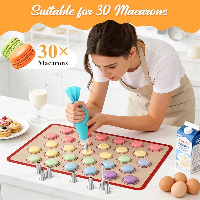 Macaron Silicone Baking Mats, 2 Nonstick Macaroon Mat Silicone, 7 Piping Tips, 2 Piping Bags, 2 Bag Ties, 2 Couplers, 1 Puff Tip, 1 Brushes, 17 Pcs Macaron Baking Kits for Macarons Cookies