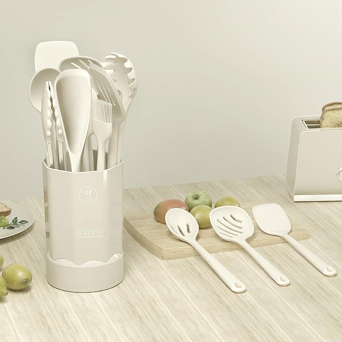 Silicone Kitchen Utensils Set,Utensils Sets for Cooking, Dishwasher Safe | Seamless Spatula Set for Nonstick Cookware, BPA-Free,Heat Resistant up to 600°F, Housewarming Gift, Cream White