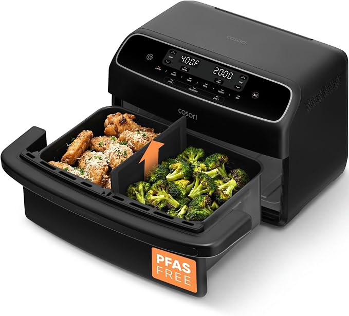 Cosori TWINFRY 9 QT Double Air Fryer, Removable Divider, PFAS-Free Ceramic | Dual 4.5Qt & Full 9Qt, Two Ways to Cook, 6-in-1, Independent Cooking, Match&Sync, Dishwasher-Safe, Countertop Friendly