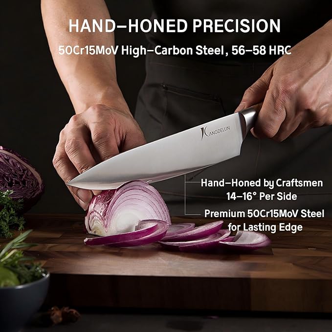 Kangdelun Ultra Sharp 14-Piece Kitchen Knife Set, High Carbon Stainless Steel Blades, Torrefied Natural Wood Handles, Ergonomic Design, Space-Saving White-Finished Wood Block, Easy Hand Wash, Gift Box
