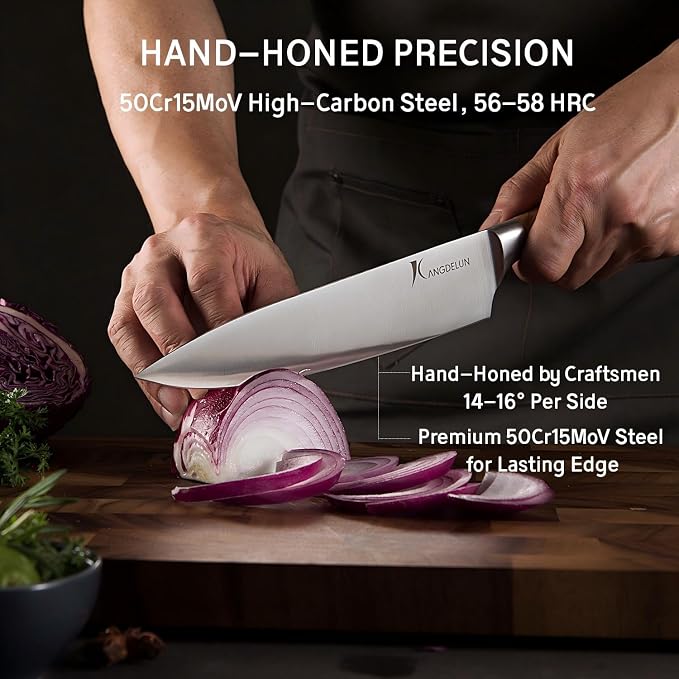 Kangdelun Ultra Sharp 14-Piece Kitchen Knife Set, High Carbon Stainless Steel Blades, Torrefied Brown Wood Handles, Ergonomic Design, Space-Saving Black-Finished Wood Block, Easy Hand Wash, Gift Box