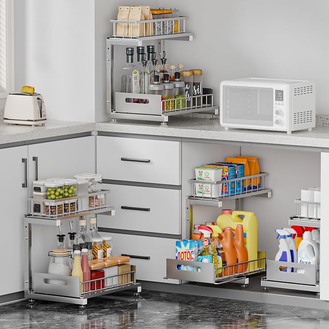 L-Shaped Under Sink Organizer, 2-Tier Pull-out Cabinet Rack 1-Pack | Grey Height-Adjustable Metal Rack, Sliding Grid Drawers with Safety Stopper, Holds 100 Lbs, Ideal Kitchen Cabinet Storage
