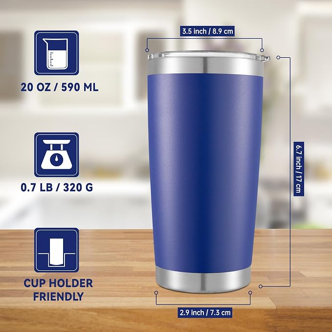 20 oz Tumblers Bulk Stainless Steel Tumbler with Lid, 6 Pack | Blue, 20oz Insulated Coffee Mug, Double Wall Vacuum, Powder Coated Cup, for Hot and Cold Drinks