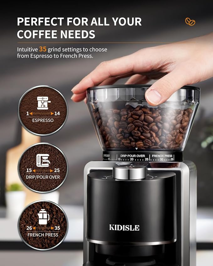 KIDISLE Conical Burr Coffee Bean Grinder, 35 Settings, Anti-Static, Black | For Espresso, French Press, Pour-Over, Drip, Grinds 2-12 Cups, Electric Grinding, Easy Clean, Removable Parts, Compact Design