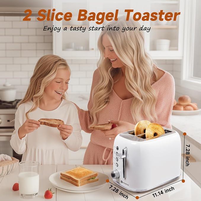 Aigostar Retro 2 Slice Toaster, Stainless Steel, White | 1.6 Inch Extra Wide Slots, Bagel Function, Cancel & Defrost, 6 Shade Settings, Removable Crumb Tray