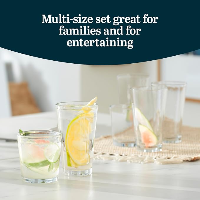 Libbey Preston Tumbler & Rocks Drinking Glasses Set of 16, All-Purpose Cups | 16 oz and 13 oz Capacities for Water, Juice, Cocktails, and More with Wide Mouths and Dishwasher-Safe Cleanup