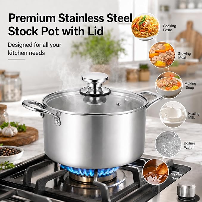 TeamFar 3.5 Quart Stock Pot, Tri-Ply Stainless Steel Pasta Pot with Lid | Cooking Broiling Eggs Veggies Soup, Tempered Glass Lid & Double Side Riveted Handles, Healthy & Heavy Duty, Dishwasher Safe