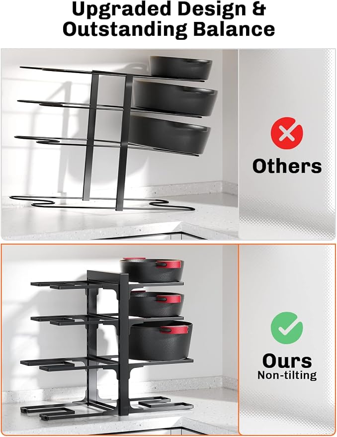 MUDEELA 8-Tier Heavy Duty Pots and Pans Organizer under Cabinet, Black | Adjustable 15.83" H pot rack, pan organizer Holds big stockpots, Cast Iron Skillet and cookware for use inside cabinets