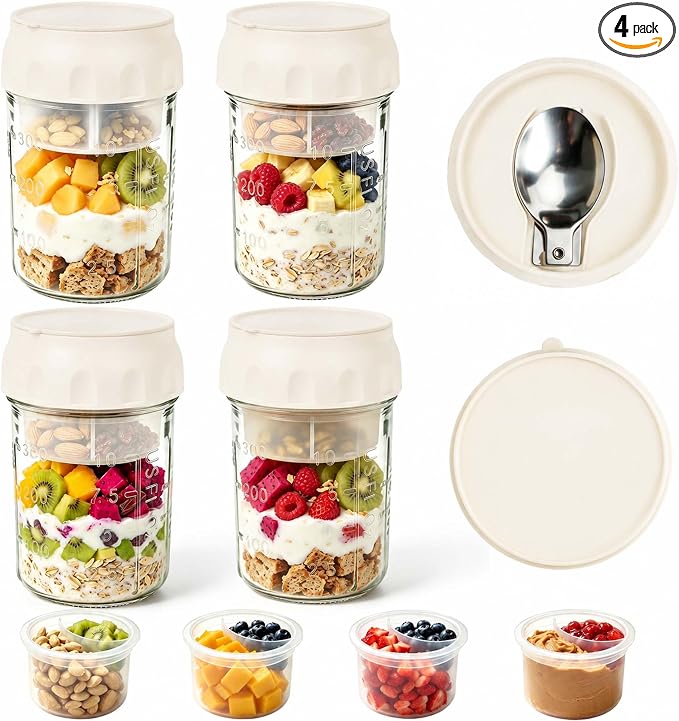 4 Pack Overnight Oats Containers with Lids & Foldable Spoon, 16oz Glass Oatmeal Jars with Divided Storage Tray, Portable Leakproof Yogurt Parfait Cups for Breakfast Meal Prep