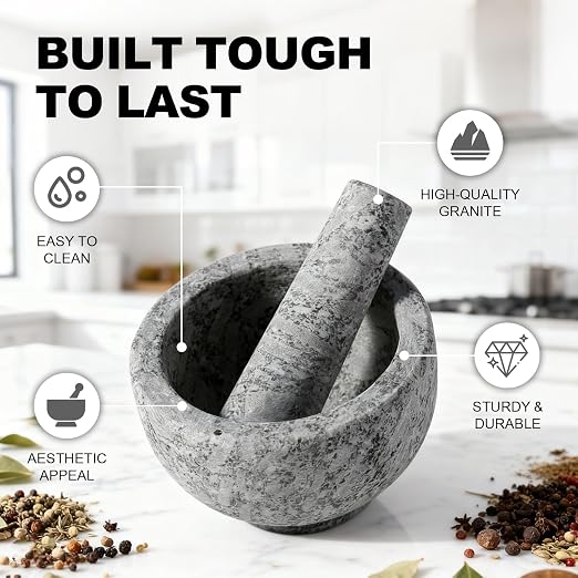 5 Inch 1.5 Cup-Capacity Mortar and Pestle Set - Heavy Natural Granite Spice Grinder Bowl, Unpolished Heavy Granite for Organic Appearance, Solid Stone Grinder Marble Spice Herb Grinder