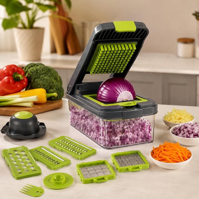 Vegetable Chopper 12-in-1 Multifunctional Food Chopper with 7 Blades, Veggie, Food, Onion Chopper, Cucumber Slicer, Versatile Mandoline, Includes Egg Separator & Finger Guard