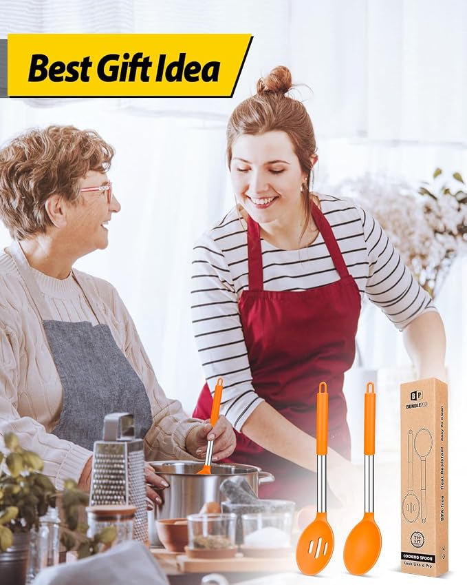 BUNDLEPRO Silicone Cooking Spoons for Non Stick Cookware, 2 Pack, Orange | Heat Resistant, Large Kitchen Spoons for Mixing, Serving, Draining, Stirring