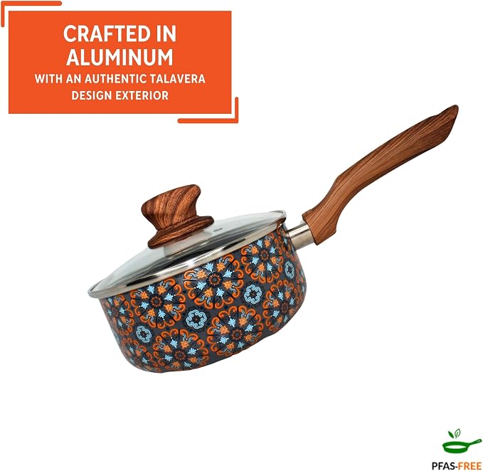 IMUSA 1.5 Qt Talavera Aluminum Black Ceramic Saucepan with Glass Lid | Ceramic Nonstick Coating, Woodlook Soft-Touch Handle with Glass Lid, Ideal for Mexican Dishes and Everyday Cooking