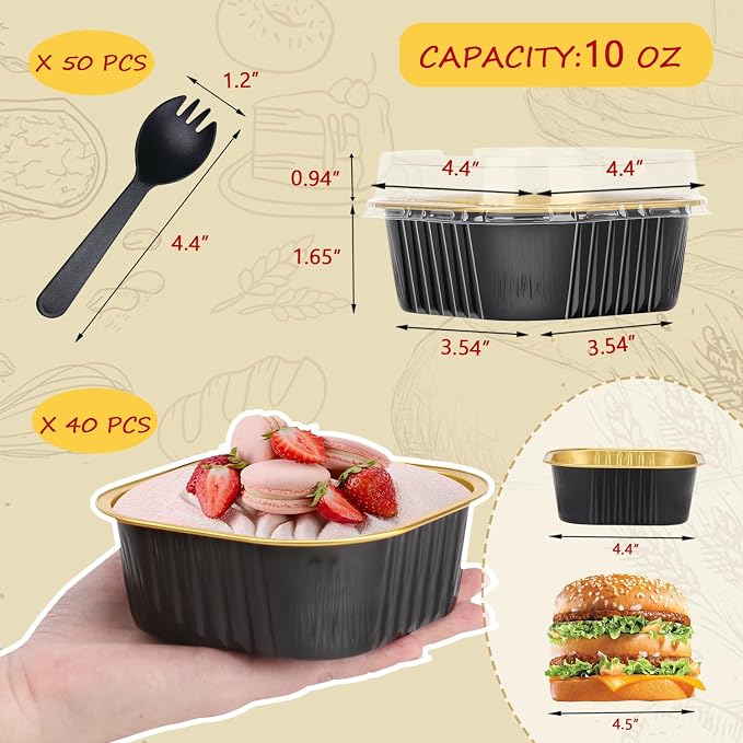 LNYZQUS 10oz Mini Cake Pans with Lids, Small Cinnamon Roll Containers | 40 Pack, Individual, Black, Disposable, Aluminum Foil, Square Baking Tins, 4 Inch Dessert Cups for Bake Sale Treats