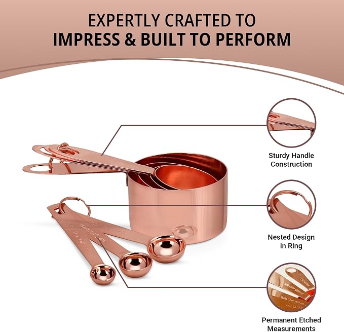 Copper Measuring Cups and Spoons Set - 9-Piece Food-Grade Stainless Steel Measuring Set with 2 Storage Rings for Heavy Duty Cooking & Baking, Rose Gold