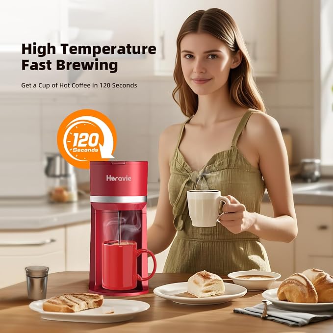 Horavie Mini Single Serve Coffee Maker for K-Cup Pods and Grounds, Fast Brew One Cup Coffee Machine with Descaling Reminder and Water Window, 6 to 12 oz. Brew Sizes, Red