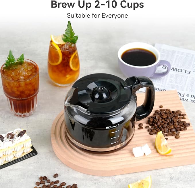 Gevi All In One 10-Cup Grind & Brew Coffee Maker with Built-In Burr Grinder | 24-Hour Programmable Timer, 1.5L Water Tank, Warm Plate, Reusable Filter & Glass Carafe for Daily Fresh Coffee Brewing