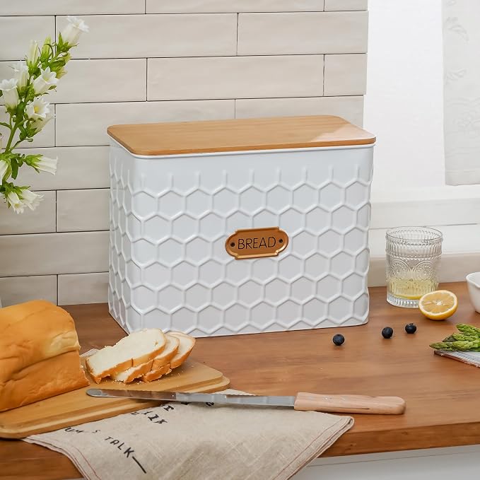 Extra Large Honeycomb Embossed Bread Box with Bamboo Lid | Corner Breadbox for Homemade Bread, White Metal Bread Storage Container Bin for Kitchen Countertop, Fits 2 Loaves of Bread