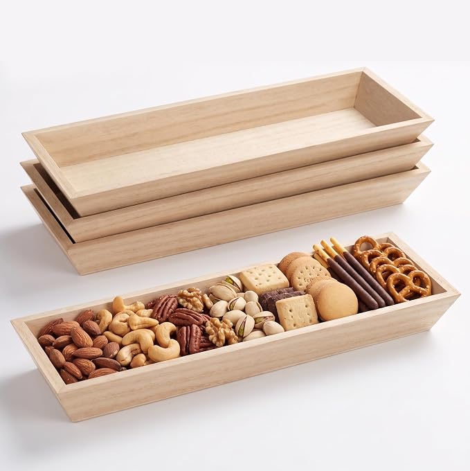 Wooden Serving Trays Set of 4, 13x5x1.25 InchesNatural Wood Serving Tray for Home Decor, Decorative Wooden Trays for Coffee Table, Ottoman, Kitchen Counter, Dining Table & Organization