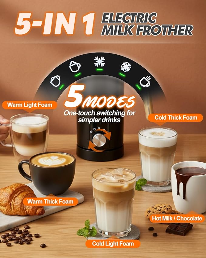 5-in-1 Electric Milk Frother and Steamer, Automatic Milk Foamer Hot Chocolate Maker with Wood Grain Handle, 11.8oz Milk Warmer and Heater for Latte, Cappuccino, Hot Cocoa Maker, Frother for Coffee