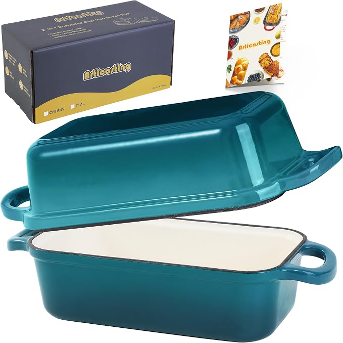 Cast Iron Loaf Pan with Lid, 9x5 Loaf Pans for Homemade Bread | Cast Iron Bread Pan for Sourdough Baking, 9x5 Loaf Pan with 2-In-1 Design, Even Heat Distribution, Teal Enameled