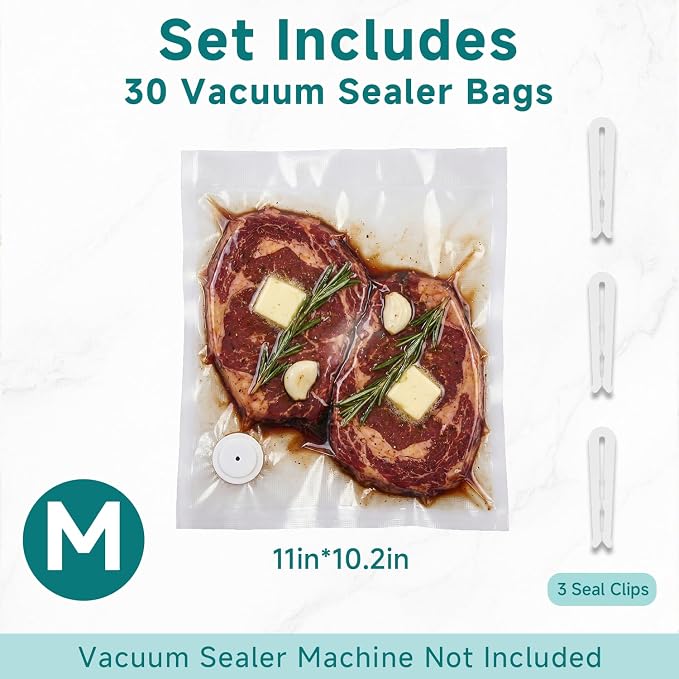 Mehomeli Reusable Vacuum Sealer Bags, 30 Medium Bags, 11in × 10.2in | BPA-free, Freezer and microwave safe, Leak-proof and odor-resistant, Compatible with most handheld vacuum sealers
