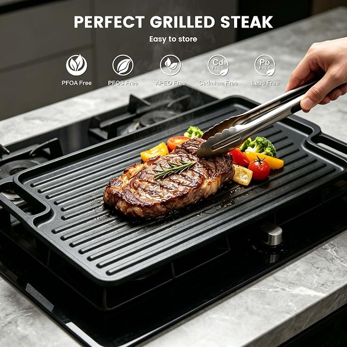 Reversible Cast Iron Griddle Pan 16 Inch | Enamel Nonstick Coating, Even Heat. Rust Revention. Gas, Electric & Induction. For Camping, BBQ and Home Cooking.