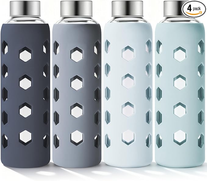 Mrsdry 18 oz Glass Water Bottles with Lids & Silicone Sleeves, 4-Pack | BPA Free, Leak-Proof Reusable Glass Drinking Bottles with Stainless Steel Airtight Cap for Juicing, Dishwasher Safe, Non-Slip