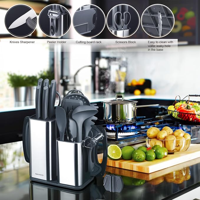 Kitchen Set,18-Piece Cooking Utensils and Kitchen Knife Set,Gray | 7-Piece Kitchen Utensils Heat-resistant to 410°F,5-Piece Sharp Knife,5-Piece Cooking Tools and Cutting Board In One