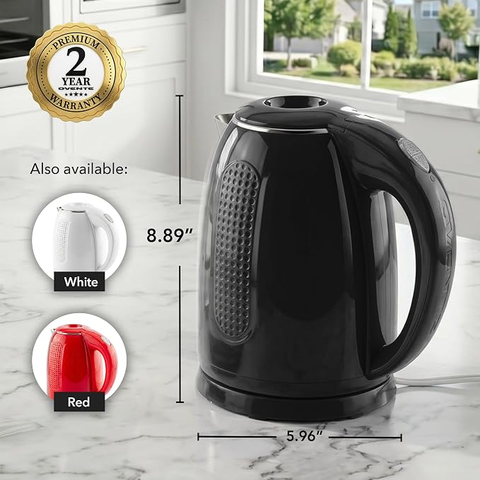 OVENTE 1.7L Double Wall Electric Tea Kettle, 1100W Power, Black KD64B | Water Boiler with Cool-Touch Exterior, Stainless Steel Interior, Auto Shut-Off, Boil-Dry Protection & Locking Lid, Easy Clean
