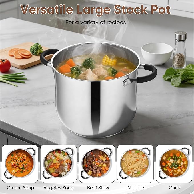 P&P CHEF 12 Quart Stainless Steel Stock Pot, Cooking Pot with Visible Lid | For Soup Pasta, Tri-Ply Bottom & Dual Heatproof Handles, For Induction Gas All Stoves, Non-Toxic & Dishwasher Safe