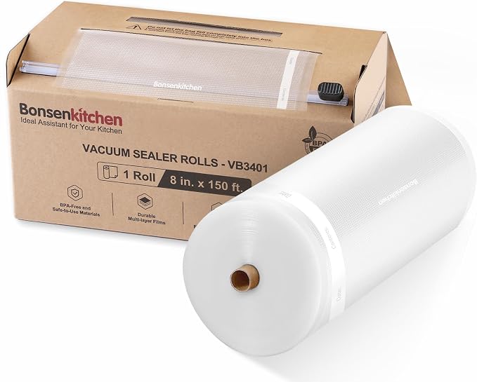 Bonsenkitchen 8” x 150’ Vacuum Sealer Bags Rolls with Cutter for Food | Commercial Grade, Meal Prep and Sous Vide Cooking, Puncture Resistant Heavy Duty Design, BPA Free Food Grade Safe Material