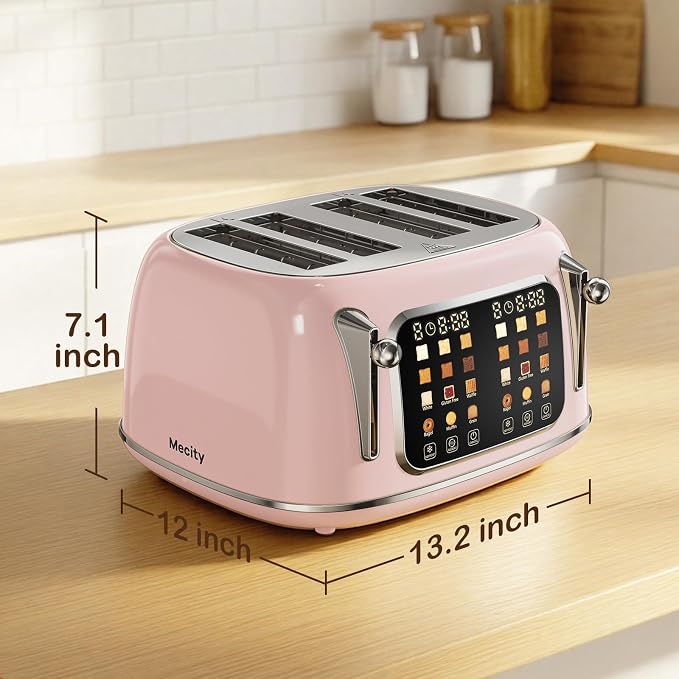 Mecity Toaster 4 Slice, Touch Screen Wide Slot Retro Toaster For Breads Bagel Muffin Waffle, House Warming Gift New Home, 120V 1650W, Pink Color